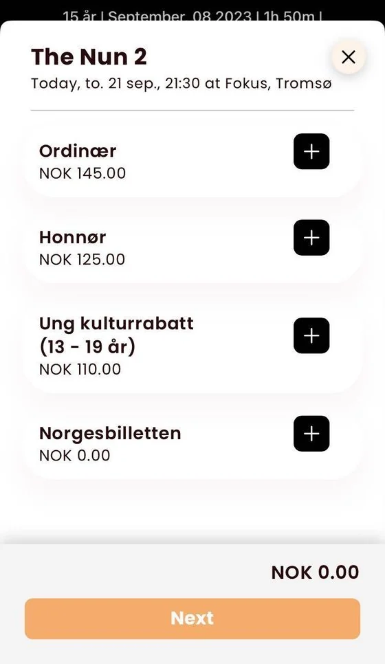 Ticket types and prices in app