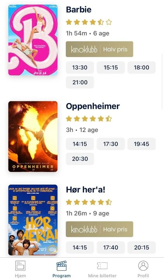 Programme list in app with showtimes per movie