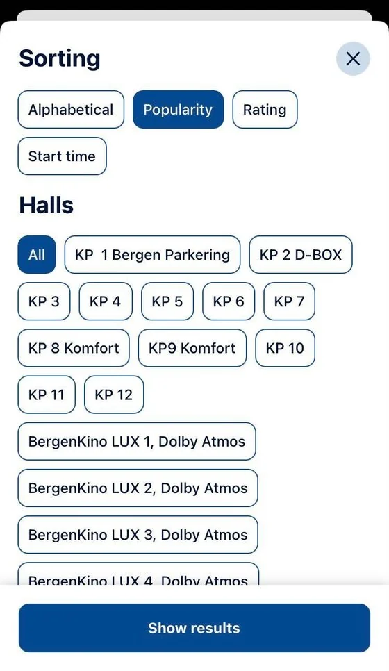 Filter and sort showtimes by hall, popularity and rating