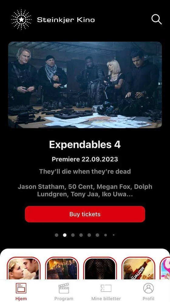 App home for Steinkjer Kino with featured premiere