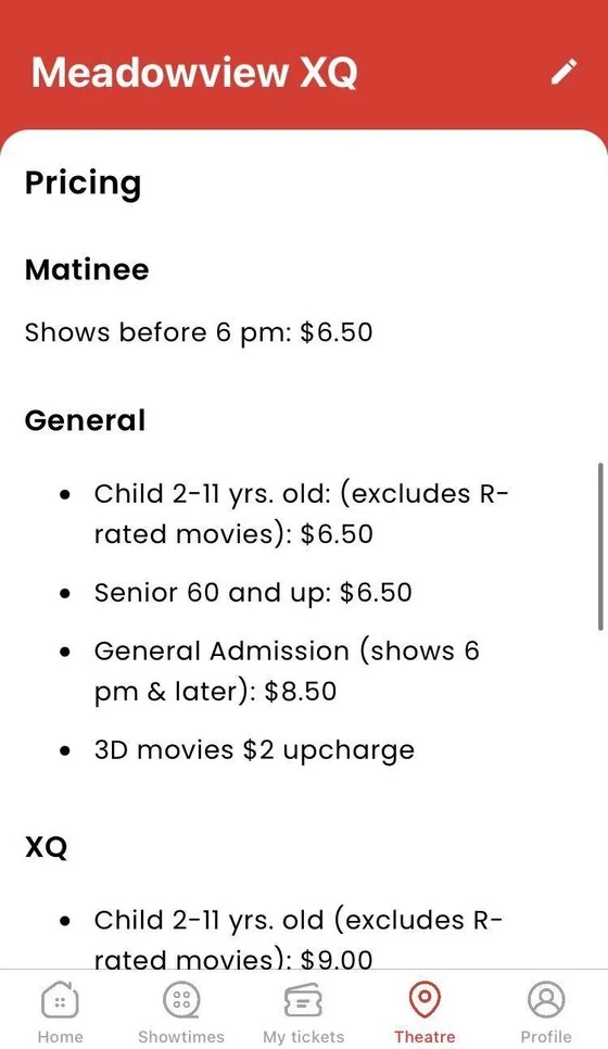 Theatre page with pricing and matinee rules