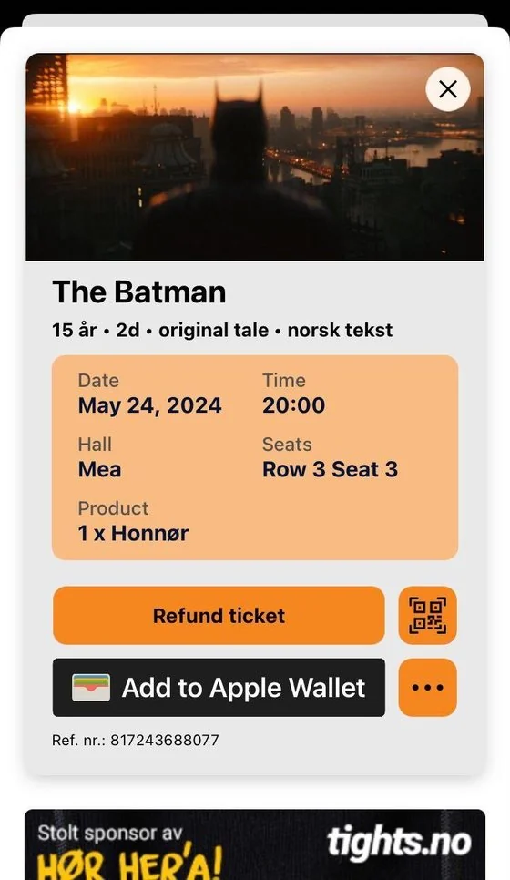 Issued ticket with Apple Wallet button and sponsor banner