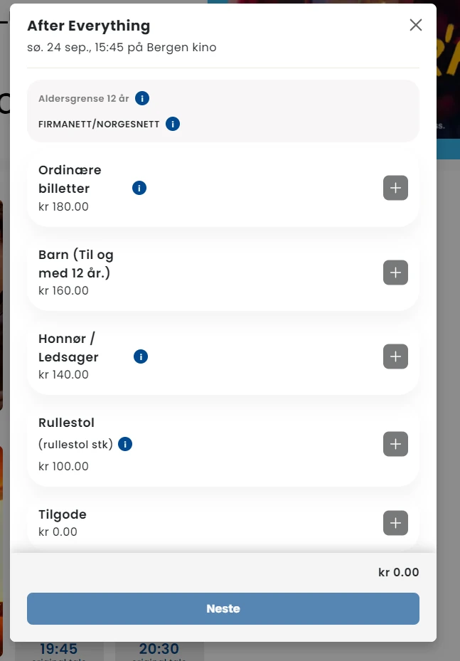 Ticket type selection with adult, child, senior and wheelchair options