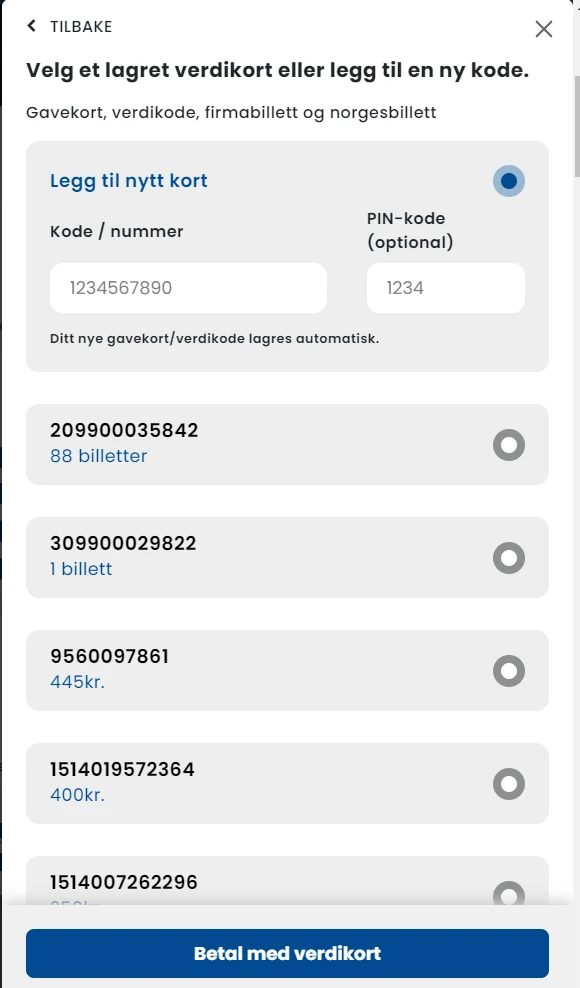 Redeem a stored value card or add a new one