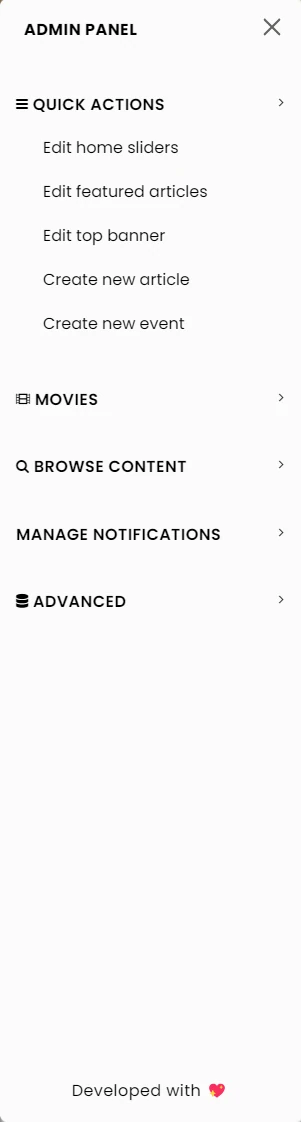 Admin quick actions panel