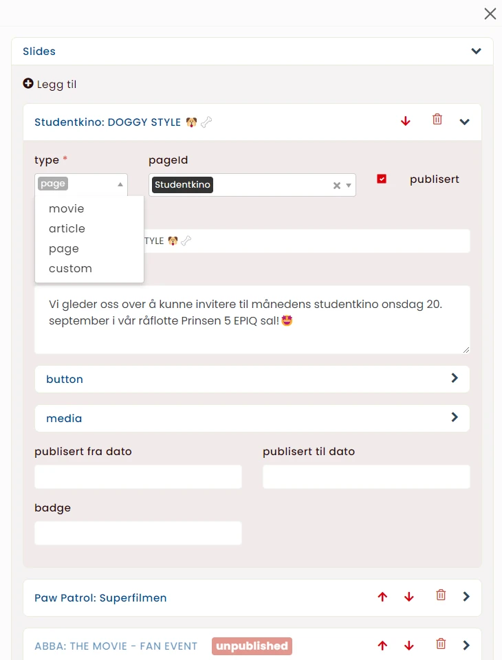 Article and campaign editor with publish window