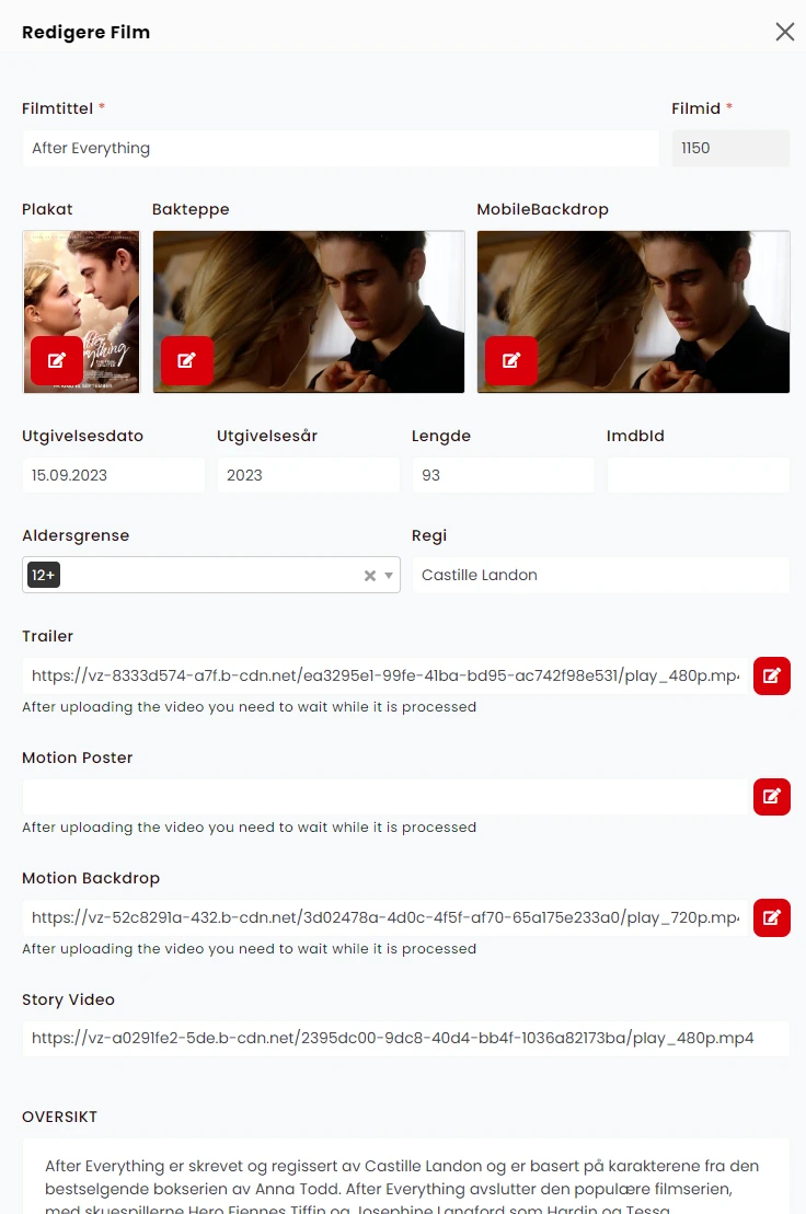 Film editor with poster, backdrop, trailer and motion poster fields