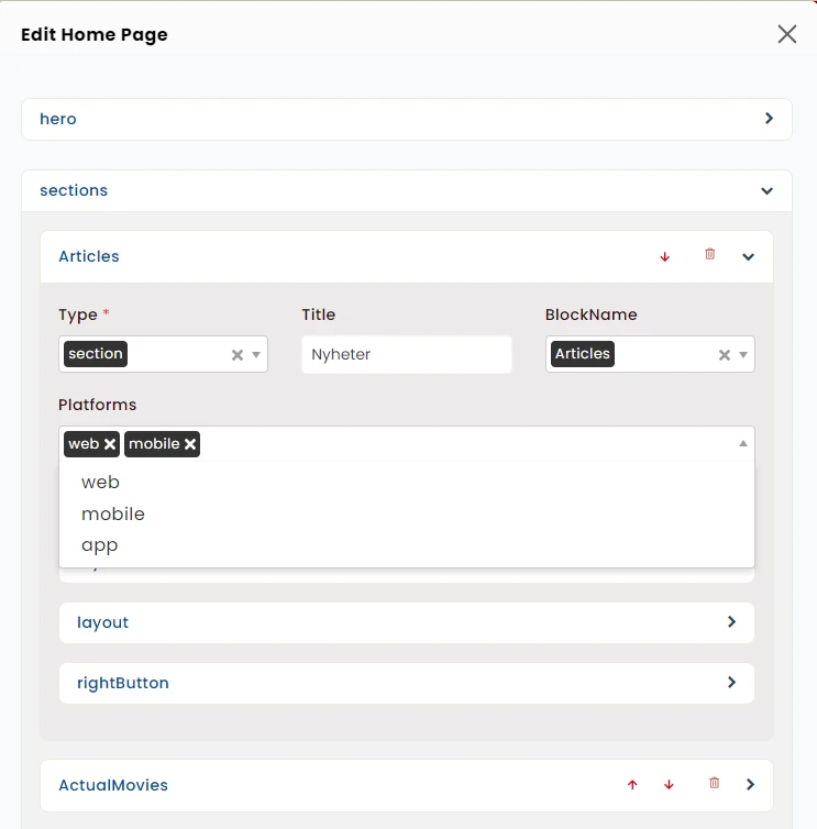 CMS home page editor with hero, sections and per-platform targeting