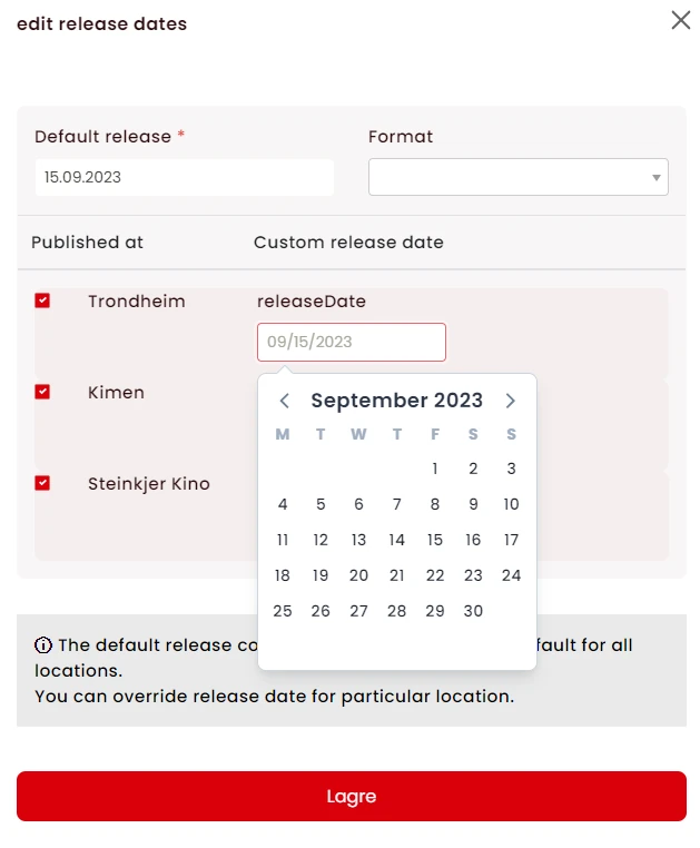 Per-location release date overrides with calendar