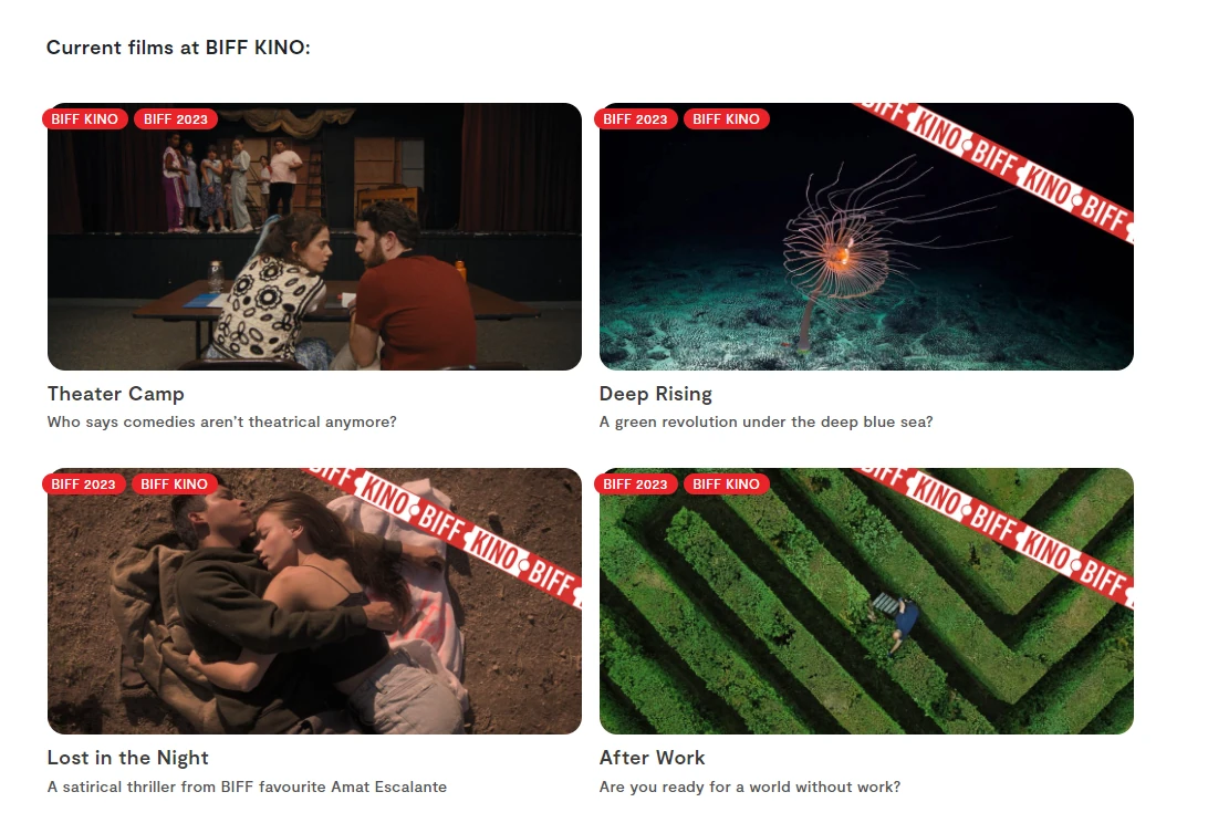 Current festival films grid with branded overlays
