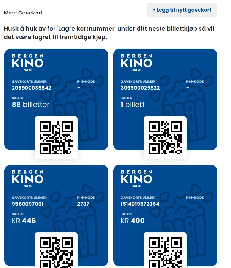 My gift cards with QR codes and balances