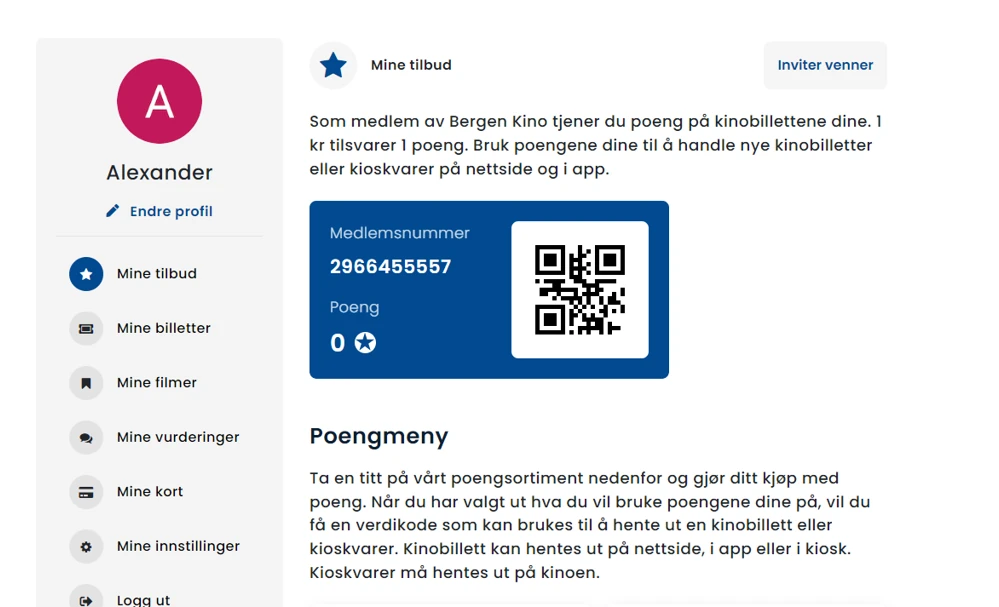 Member profile with scannable membership card and point balance