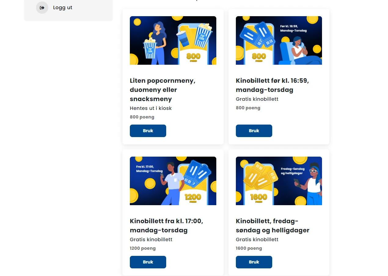 Reward shop with popcorn menu, free tickets and weekday offers