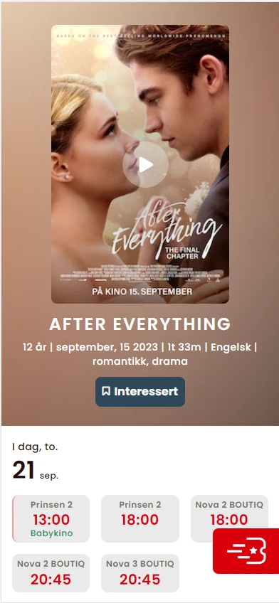 Movie page on mobile with showtimes