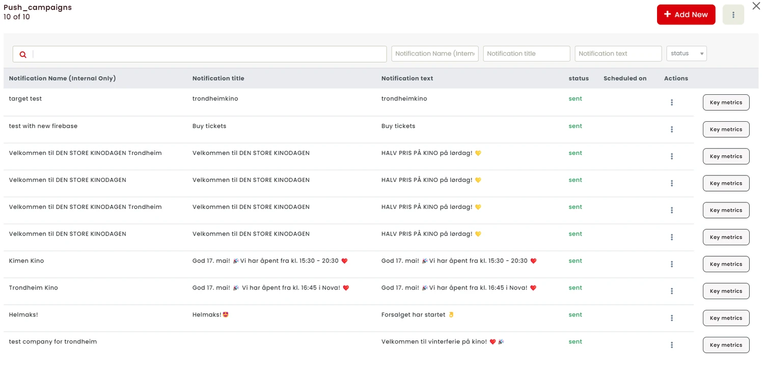 List of push campaigns with status, schedule and metrics