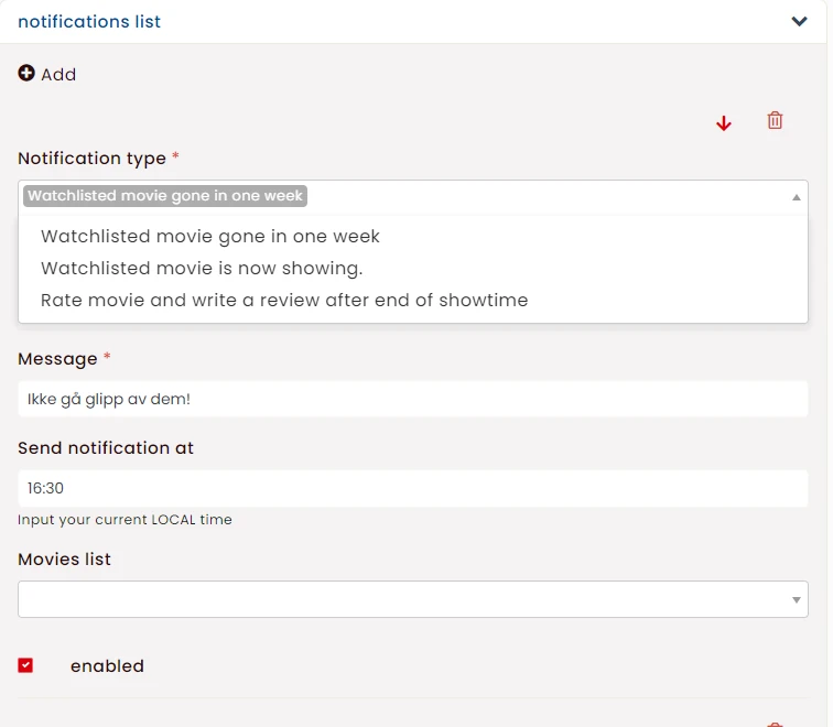 Automated notification triggers such as watchlisted movie now showing