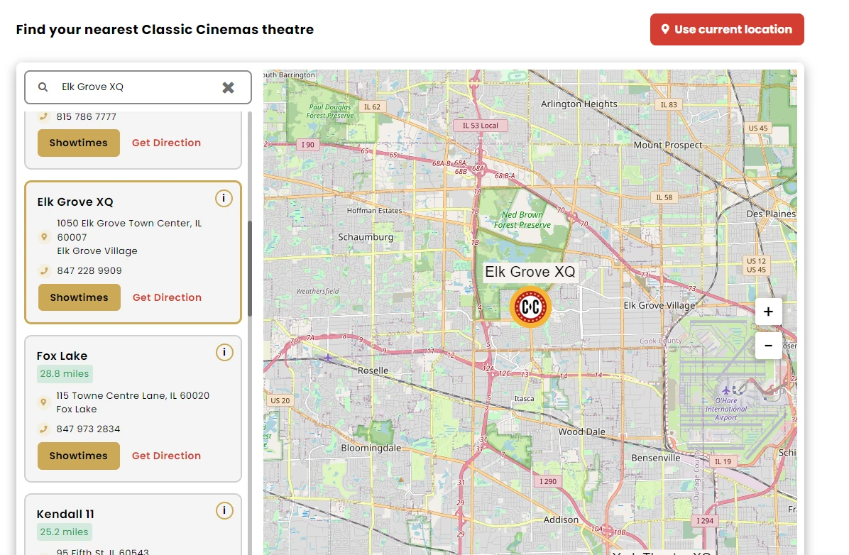 Location switcher on a multi-site cinema website built on Filmgrail