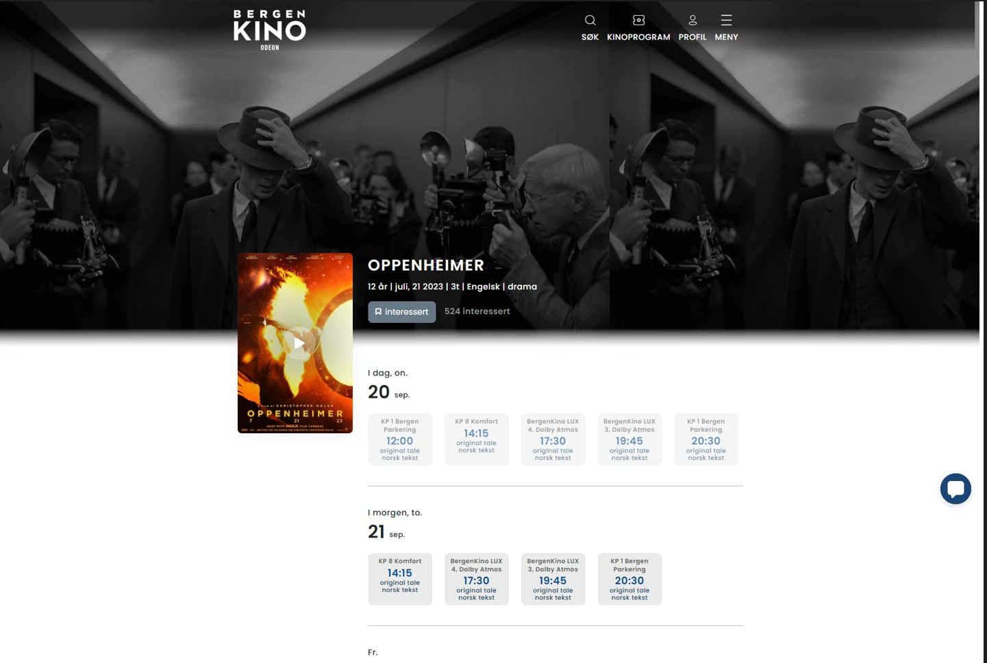 Movie detail page with poster, trailer and showtimes