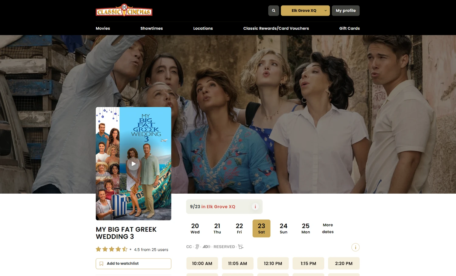 Classic Cinemas movie page with date strip and showtimes
