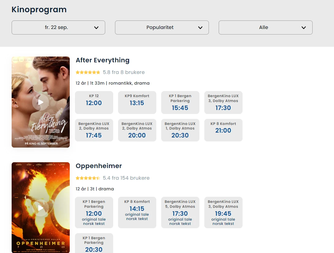 Programme view with sorting, ratings and showtimes per hall