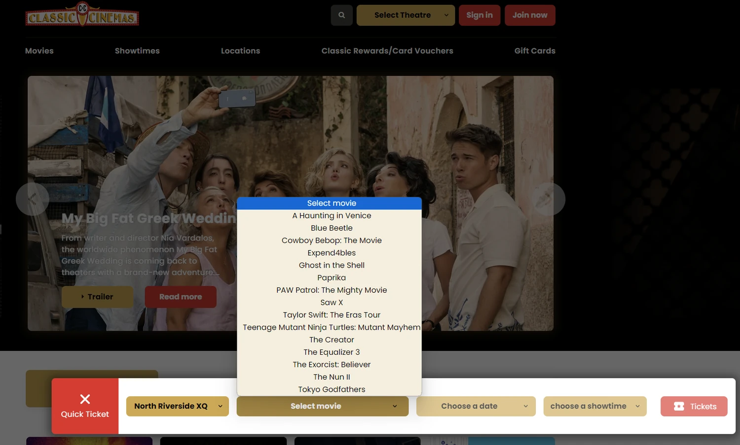 Quick ticket widget: pick movie, date and showtime from the homepage