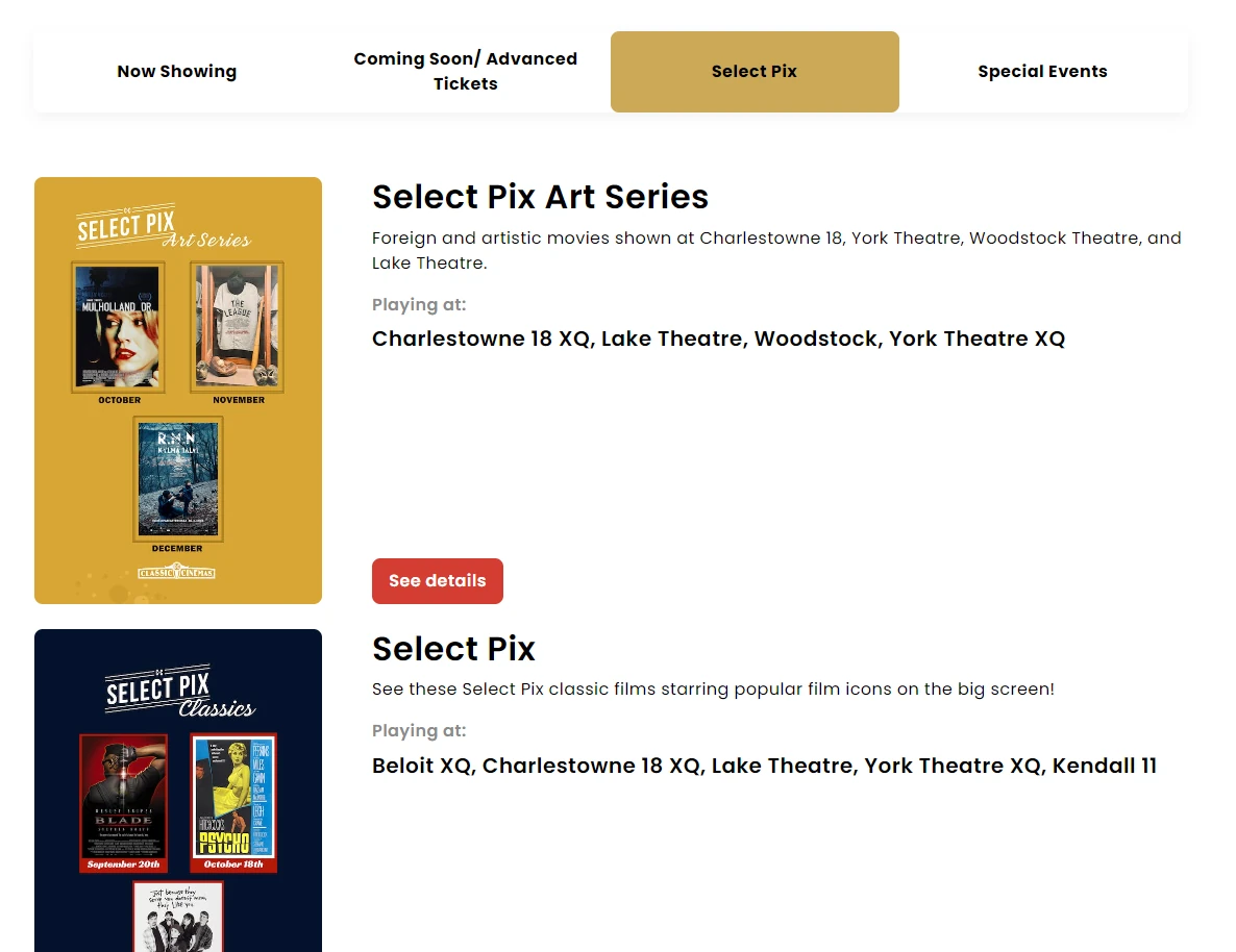 Curated programme strands such as Select Pix Art Series