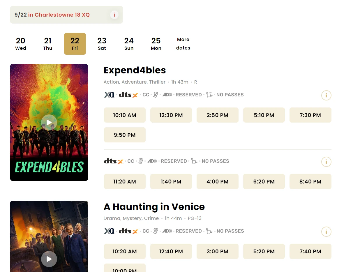 Showtimes listing on a Filmgrail cinema website