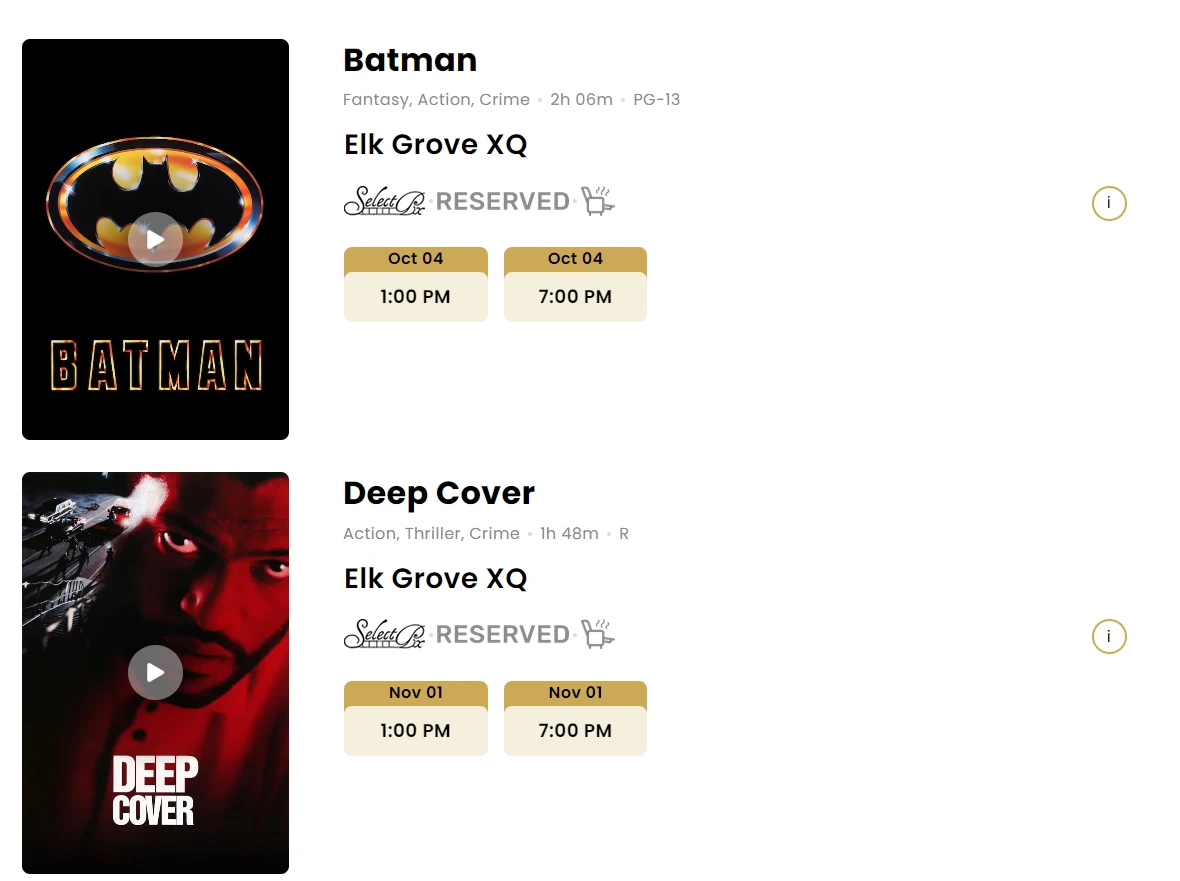 Special events page on a Filmgrail venue website